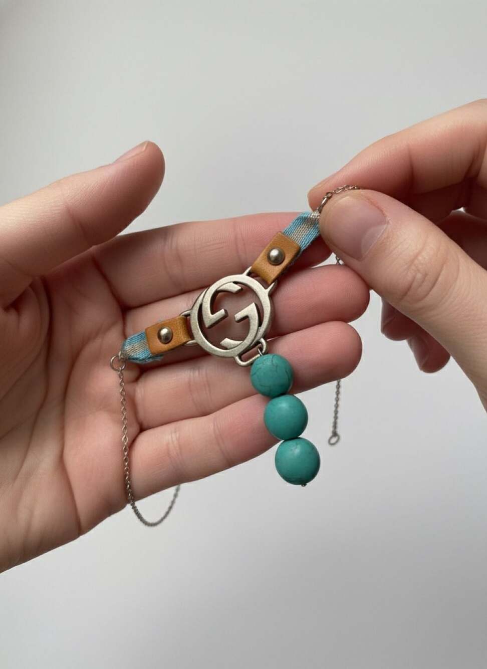 Gucci Interlocking G Bracelet with Turquoise Beads and Leather Detail